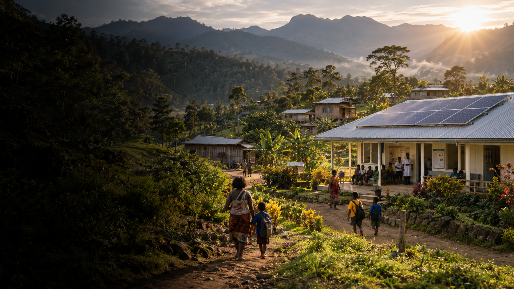 Remote Papua New Guinea highlands community with a solar-powered clinic